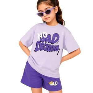 KYDA KIDS® Girls 100% Cotton Clothing Set Premium Oversized Drop Shoulder Printed T-Shirt with Shorts | Trendy Fashion Stylish Summer Wear Co-ords set for Kids