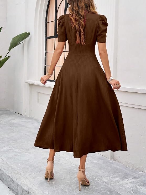 Shasmi Girl's & Women's Solid Color V-Neck A-Line Maxi Dress for Women | New Year Party Outfit | Waist Cinched Puff Sleeve Western | Elegant Casual Wear (Dress 246) - Image 2